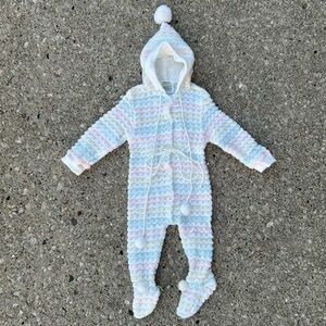 Vintage JCPenney Toddletime Baby Bunting 0-6M Pastel Knit Hood Pom Footed